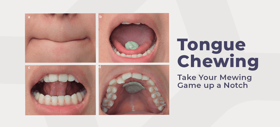 4 close up images of a person's mouth, explaining how to do tongue chewing exercise