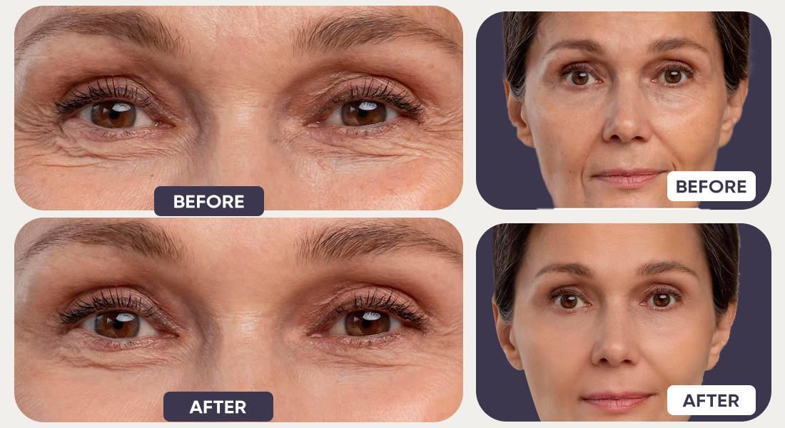 Wrinkles around woman eyes before and after mewing