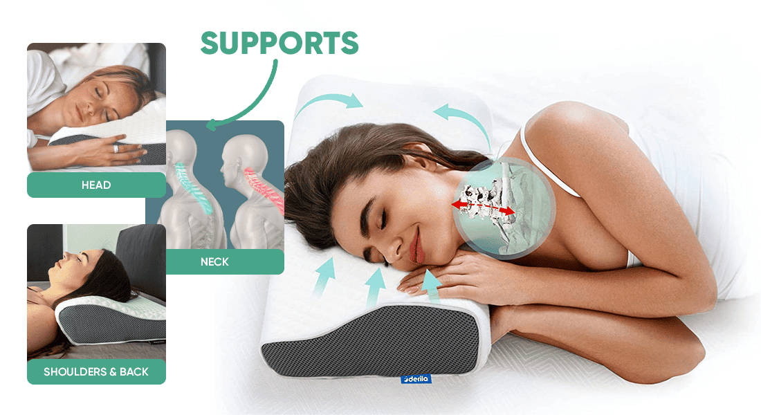 Derila pillow supporting head neck shoulders and back