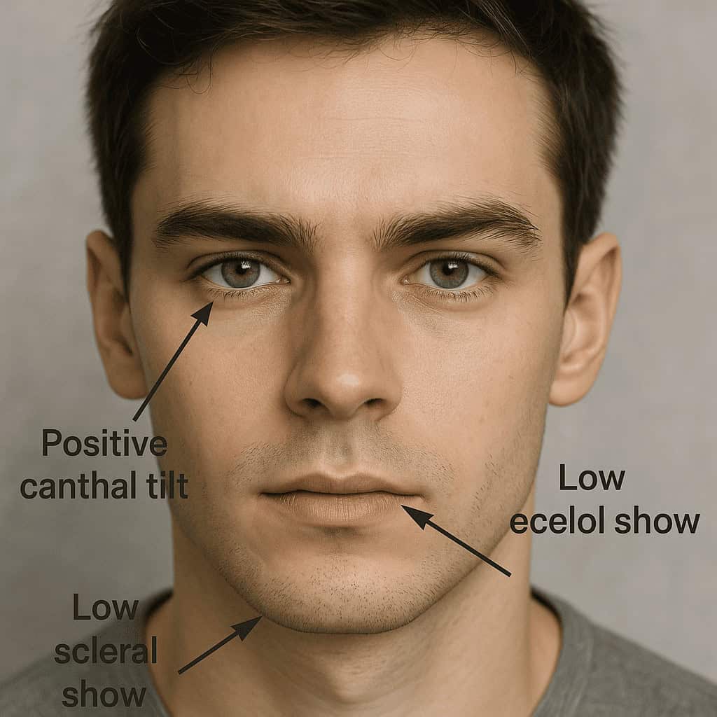Face with arrows pointing out positive canthal tilt low ecelol show low scleral show