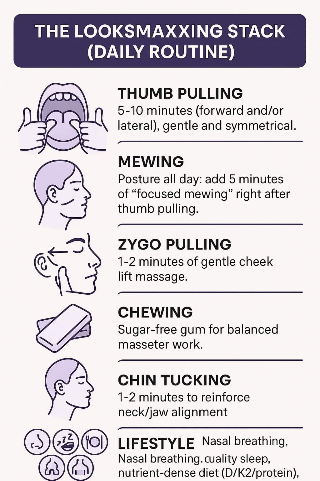 Looksmaxxing routine with thumb pulling, mewing, zygo pulling, chewing, chin tucking